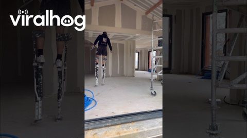 Worker on Stilts Shows How to Pick up Dropped Tool || ViralHog