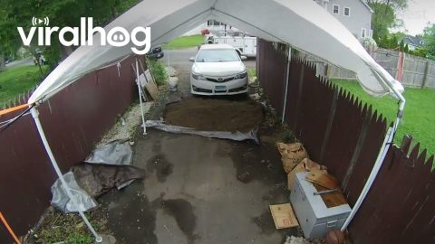 Low-Hanging Wire Sends Basketball Hoop Flying || ViralHog