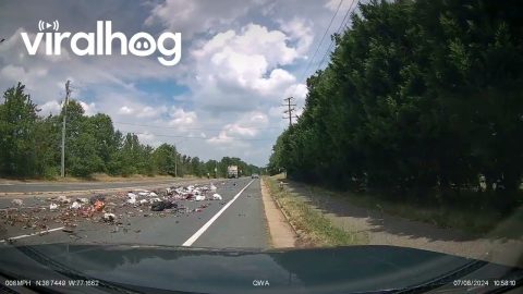 Garbage Truck Leaves Trash Strewn All Over Road || ViralHog