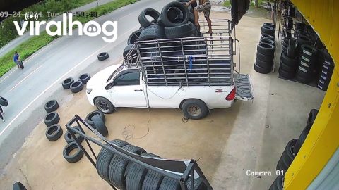 Load of Tires Spills Onto Road || ViralHog