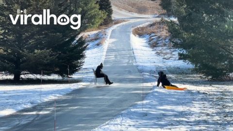 Son Slides Icy Driveway On Patio Chair || ViralHog
