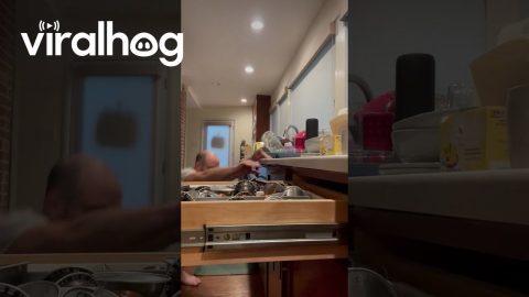 Chaos Ensues After Pants Pocket Catches on Kitchen Drawer || ViralHog