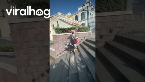 Dad's Method of Getting a Stroller Up Stairs || ViralHog