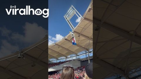 Fireman Rescue Parachutist Caught on Stadium During Rugby Game || ViralHog