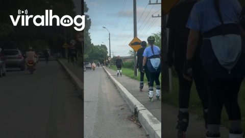 Rollerblader Trips Over Sidewalk Crack || ViralHog