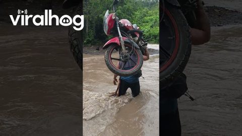 Man Carries His Motorcycle Across River || ViralHog