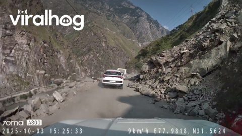 Boulder Falls Across Car Hood On Mountain Road || ViralHog