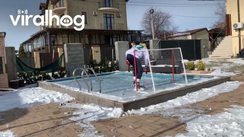 Playing Hockey on a Frozen Backyard Swimming Pool Goes Wrong || ViralHog