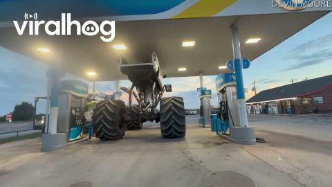 Monster Pickup Truck at the Gas Station || ViralHog