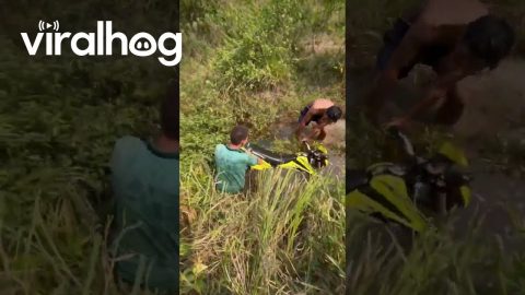 Motorcycle Crosses Puddle Only to Fall in Creek || ViralHog