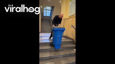 Man Drops Trash Bin Of Oil Down Stairs || ViralHog