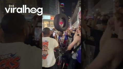 NYC Icon Leh-Boy Celebrates Knicks Win With Tire Balanced On Head || ViralHog